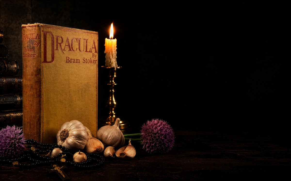 1897 Dracula collector facsimile with candle, garlic and archival gothic objects