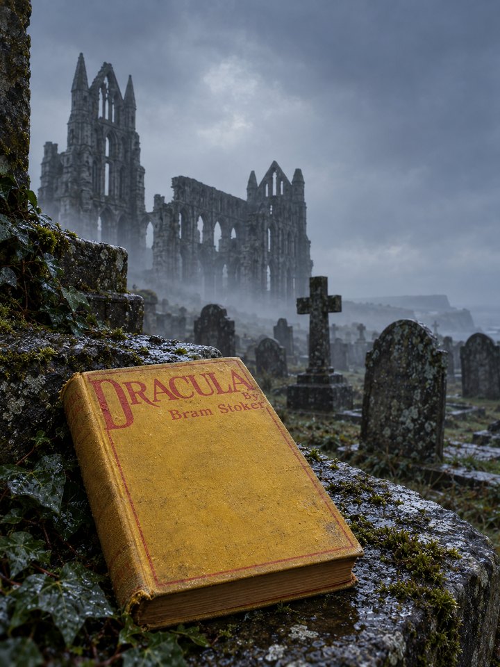 A worn yellow-cloth copy of Dracula by Bram Stoker resting on a wet, moss-covered tomb in a misty churchyard, the ruined arches of Whitby Abbey rising behind it.