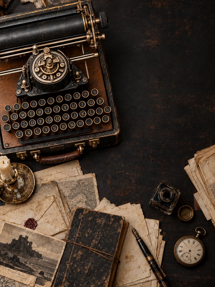 Seen from above on a dark desk: an antique typewriter, a brass candlestick, aged letters sealed with red wax, an engraving of a ruined castle on a cliff, a fountain pen, an inkwell and a pocket watch.
